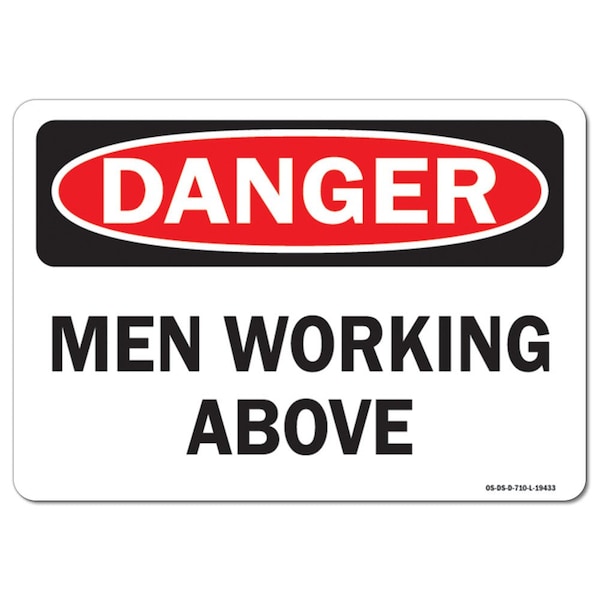 Safety Sign, OSHA Danger, 3.5" Height, Men Working Above, Landscape, 10PK